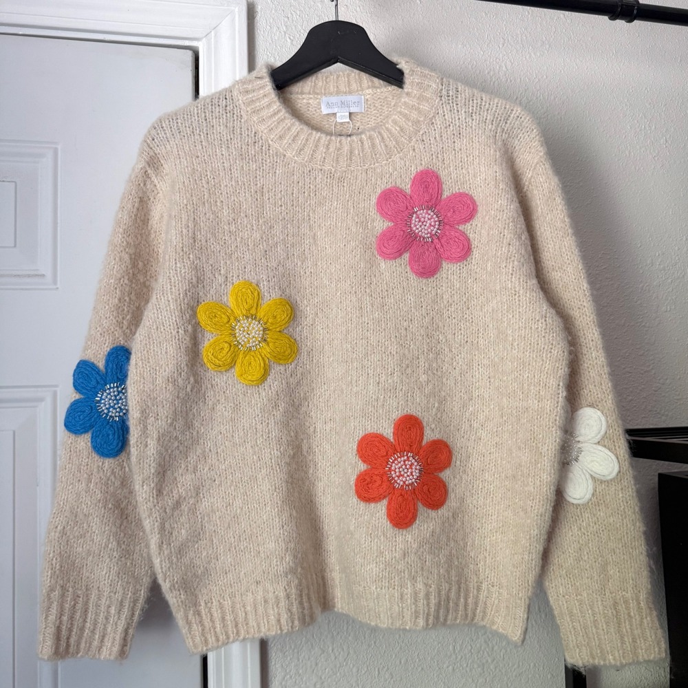 NWOT ANN MILLER tan floral patch beaded wool blend long sleeve pullover sweater